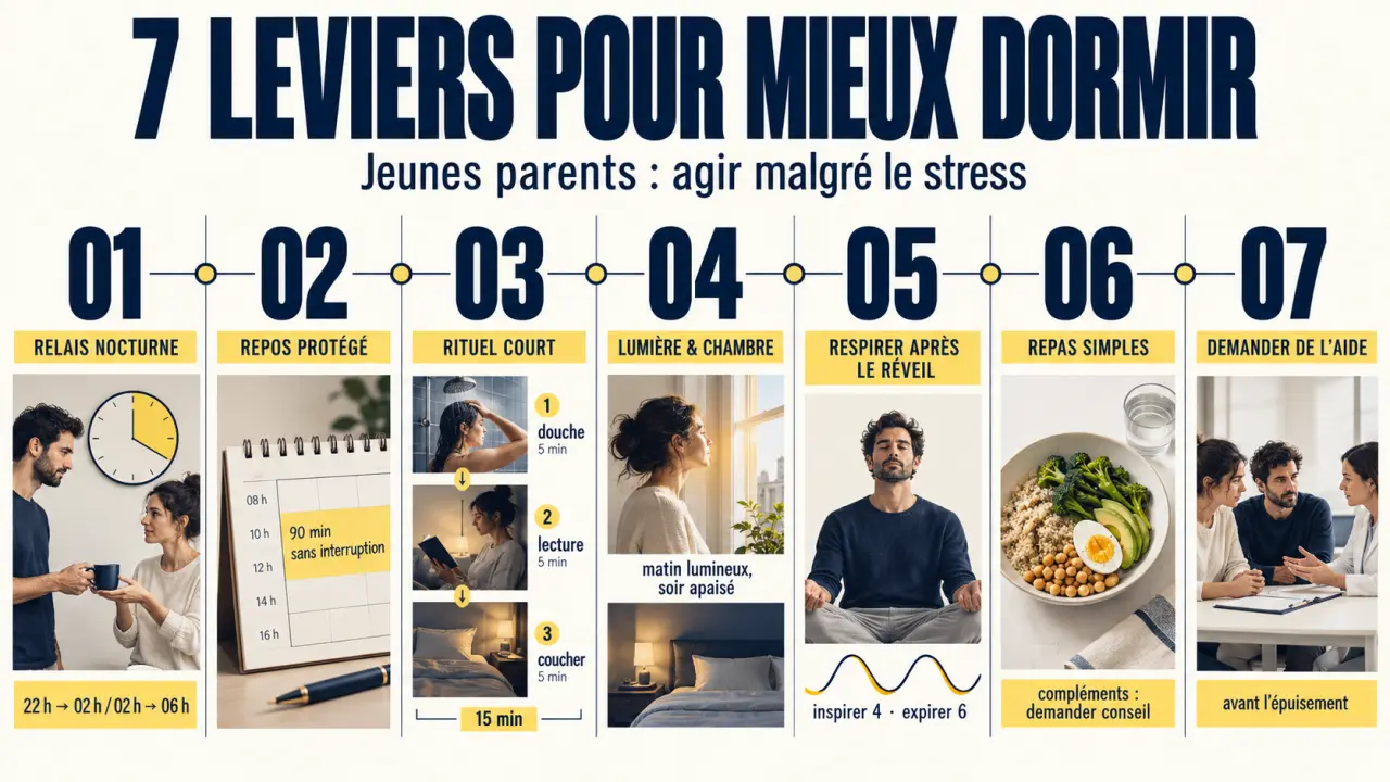 Jeunes parents épuisés : 7 conseils naturels pour mieux dormir malgré le stress, présentés dans un visuel éditorial